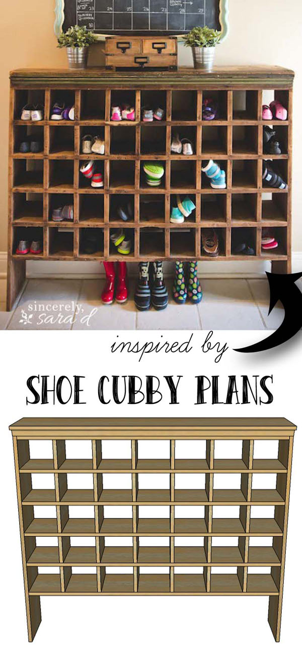 DIY Vintage Mail Sorter Style Shoe Cubby by REMODELaholic